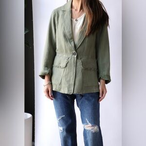 Raquel Allegra herringbone linen blazer army